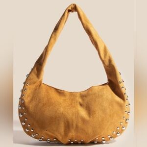 Soft Suede Hobo Bag Silver Studs Caramel Light Brown